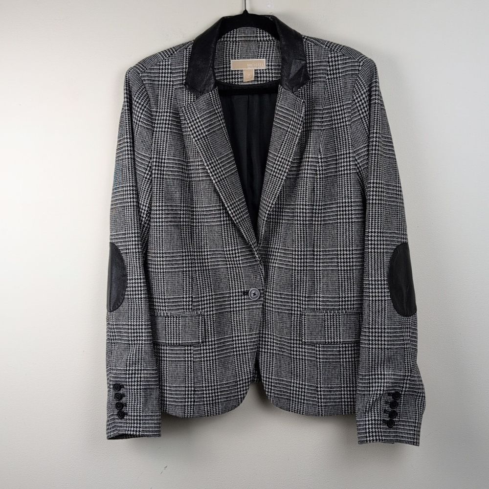 Michael Kors Black & White Houndstooth Plaid Blazer with Leather Accents Size 12